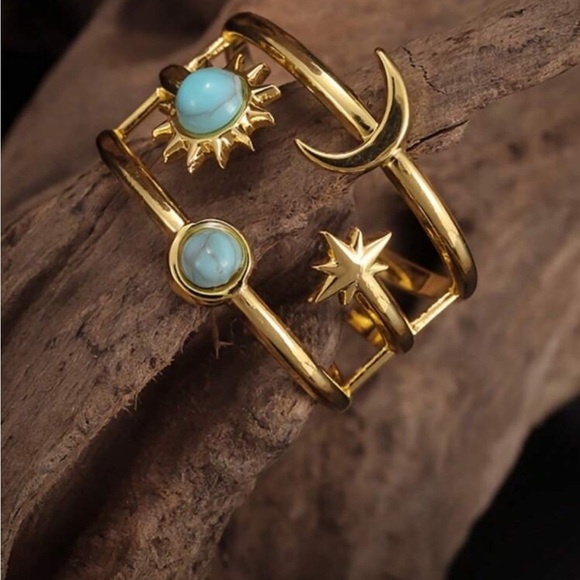 Gold & Turquoise Sun & Moon Ring – Vintage Style - Picture 3 of 6